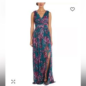 Nightway Floral-Print Pleated Gown Size 12